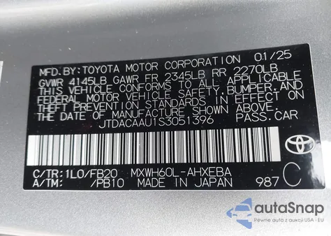 2025 Toyota Prius Le z USA, uszkodzony, nr VIN JTDACAAU1S3051396